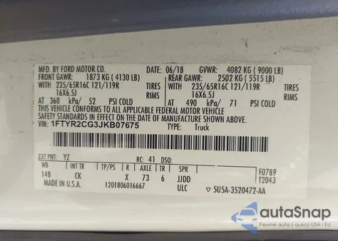 2018 Ford Transit-250 T-250 from USA, damaged, VIN 1FTYR2CG3JKB07675